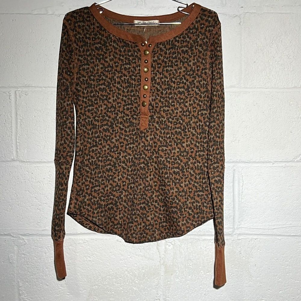 Free People Brown Leopard Print Long Sleeve Henley